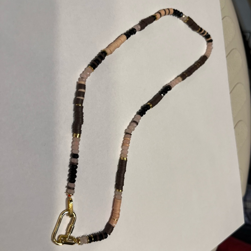 Gorjana brand black and pink beaded necklace with gold clasp.